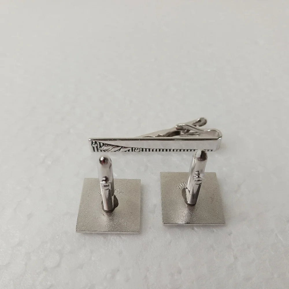 Silver Cufflinks and Tie Clip Set Vintage SWANK Sculpted Graphic Mid-Century